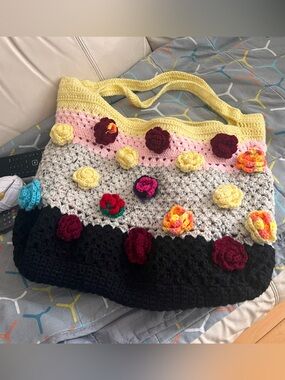 Handmade Multicolor Crochet Flower Tote Bag - Yellow Accent